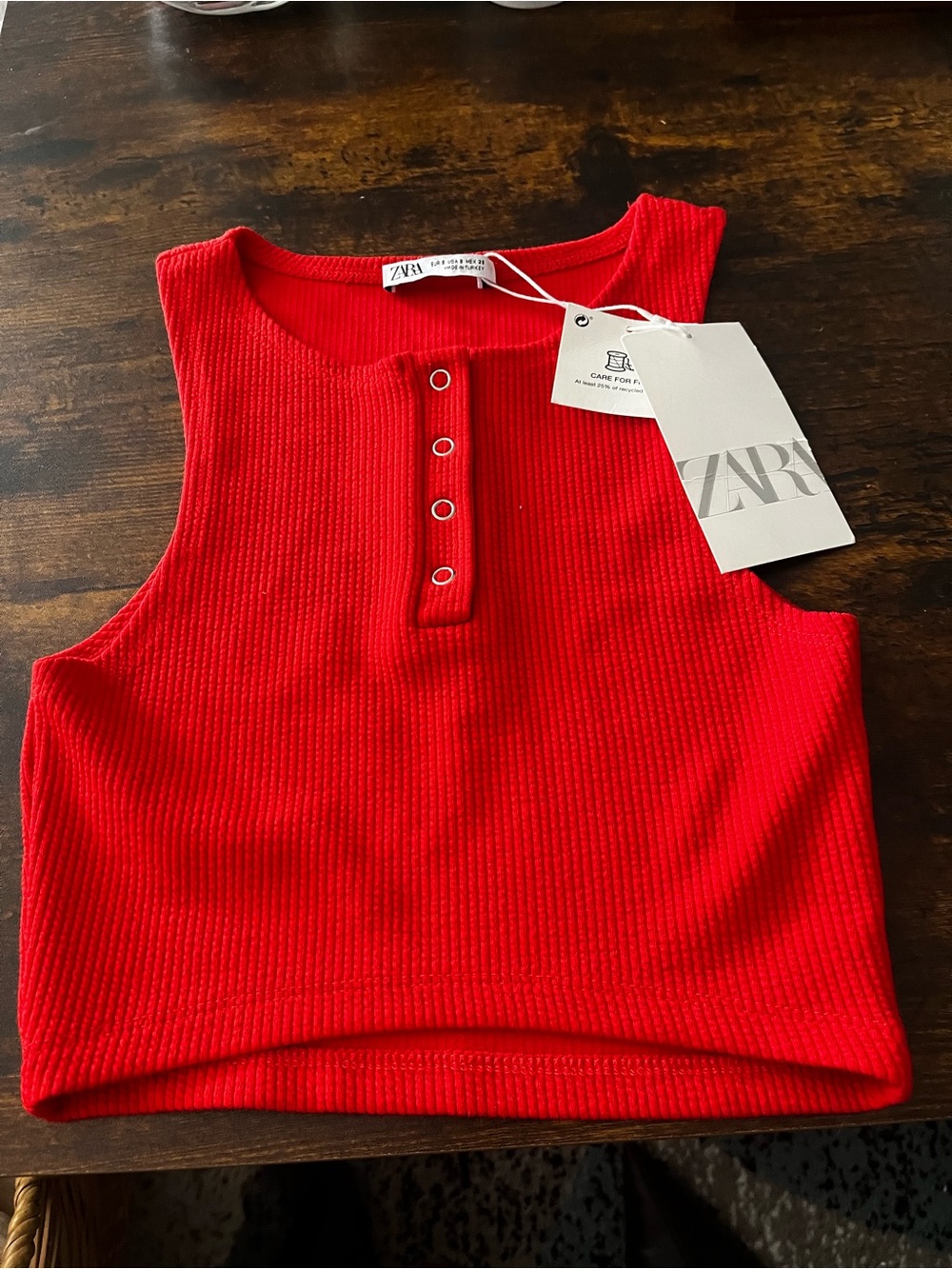 ZARA Bright Red Ribbed Snap-Front Crop Tank
